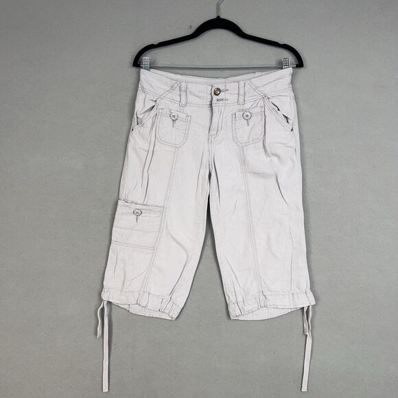 Hei Hei Pants Womens 4 Light Gray Linen Blend Cargo Capri Drawstring Utility Y2K - Picture 1 of 15